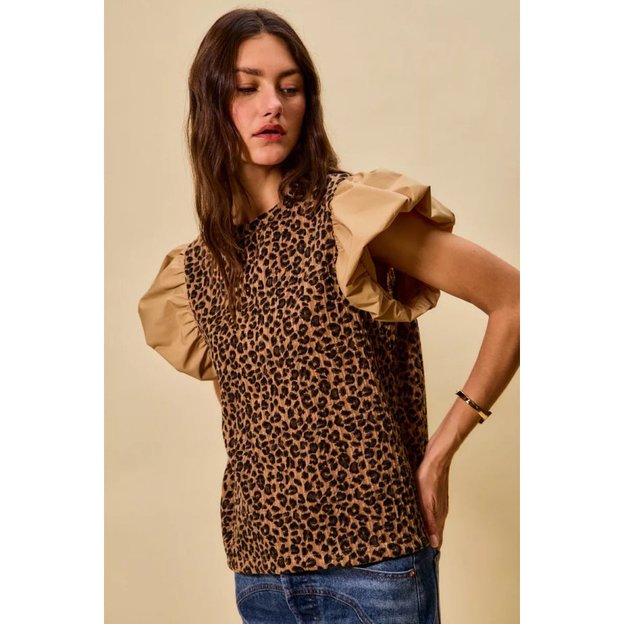 SO ME Leopard Pointelle Knit Top with Puff Sleeves LEOPARD/TAUPE / S Apparel and Accessories