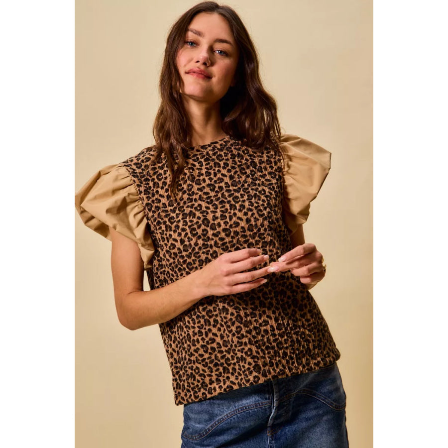 SO ME Leopard Pointelle Knit Top with Puff Sleeves LEOPARD/TAUPE / S Apparel and Accessories