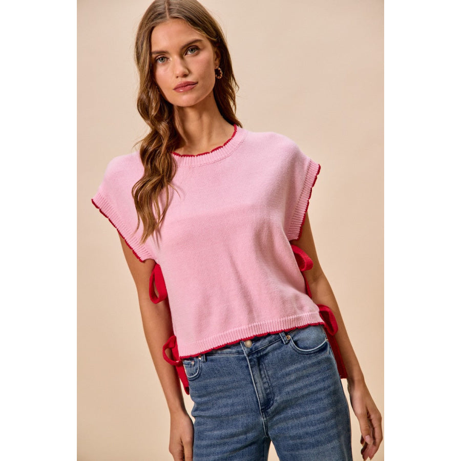 SO ME Lightweight Sweater Dolman Side Ribbon Tie Top BLUSH/RED / S Apparel and Accessories