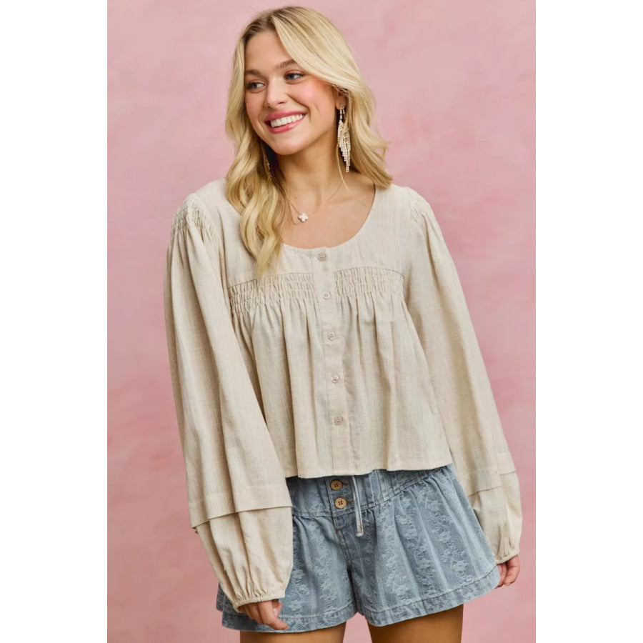 SO ME Linen Blend Woven Long Sleeve With Smocking Top Apparel and Accessories