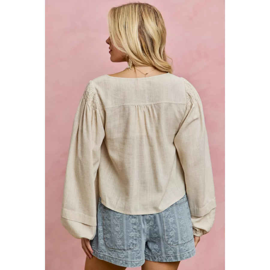 SO ME Linen Blend Woven Long Sleeve With Smocking Top Apparel and Accessories