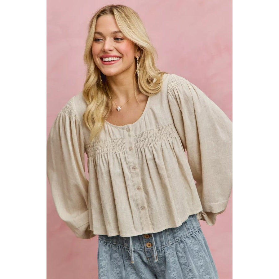 SO ME Linen Blend Woven Long Sleeve With Smocking Top Apparel and Accessories