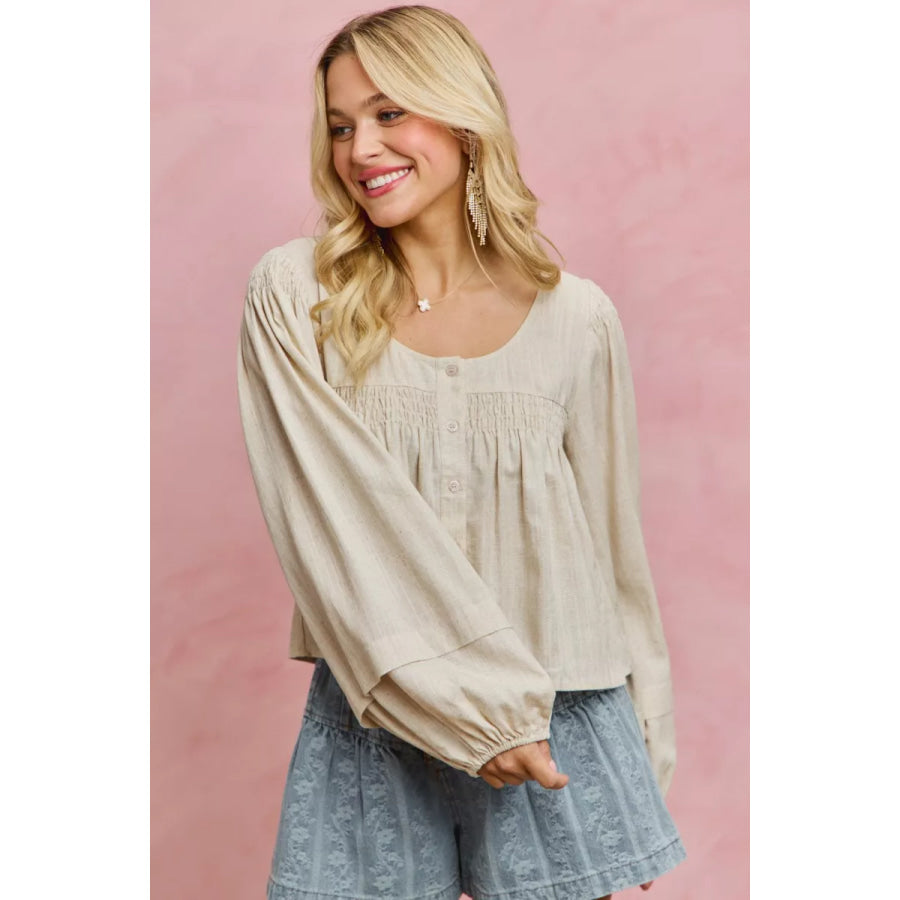SO ME Linen Blend Woven Long Sleeve With Smocking Top Apparel and Accessories