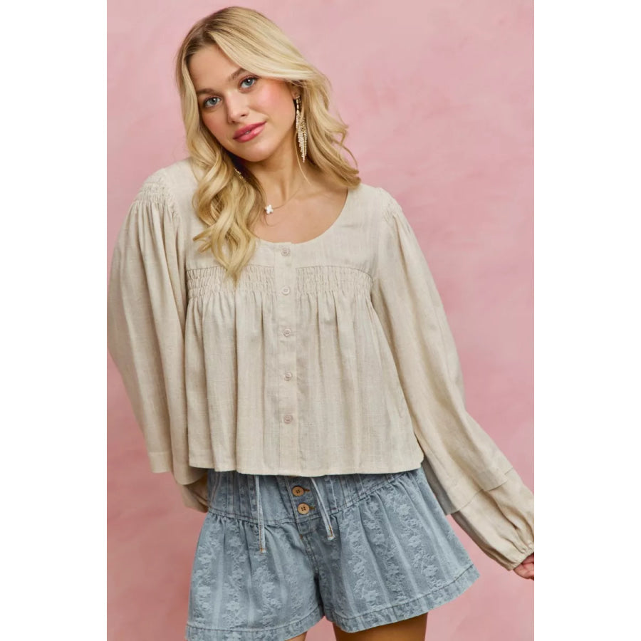 SO ME Linen Blend Woven Long Sleeve With Smocking Top Apparel and Accessories