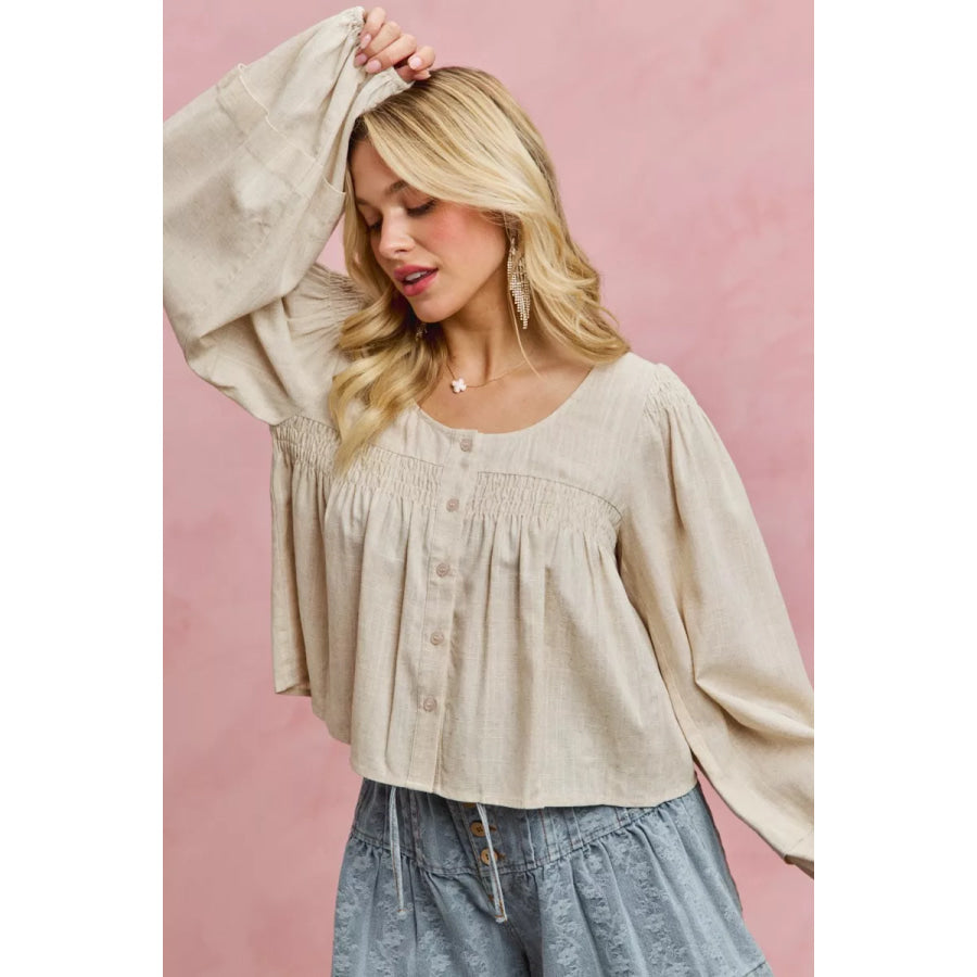 SO ME Linen Blend Woven Long Sleeve With Smocking Top Apparel and Accessories