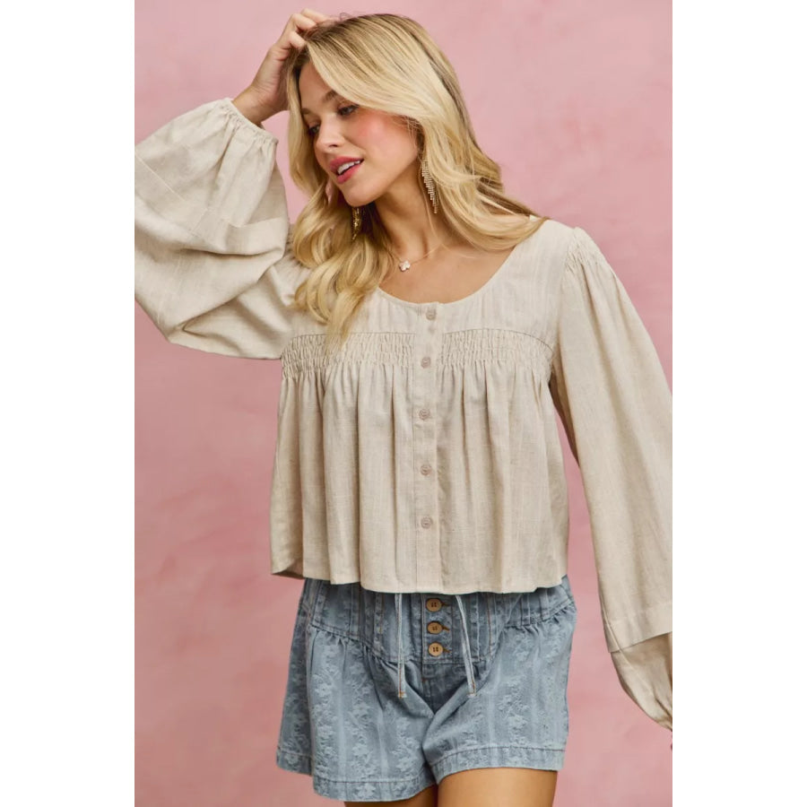 SO ME Linen Blend Woven Long Sleeve With Smocking Top Apparel and Accessories