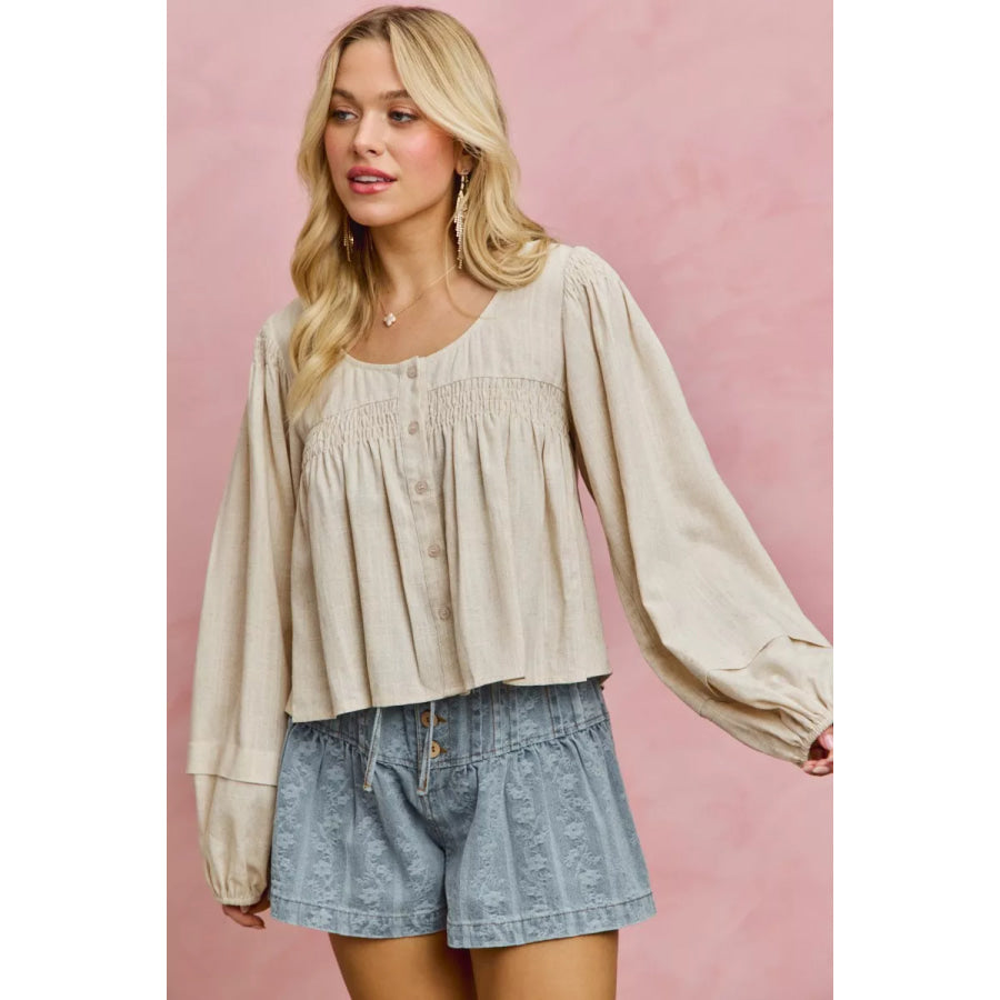 SO ME Linen Blend Woven Long Sleeve With Smocking Top Apparel and Accessories