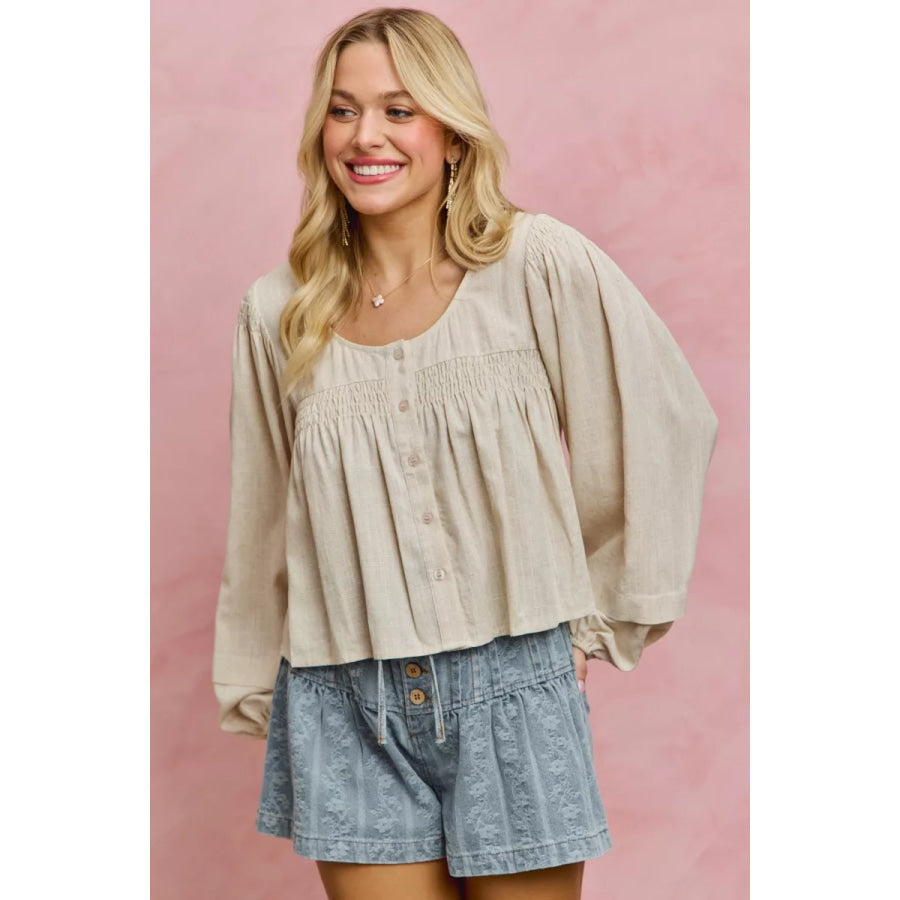SO ME Linen Blend Woven Long Sleeve With Smocking Top Apparel and Accessories