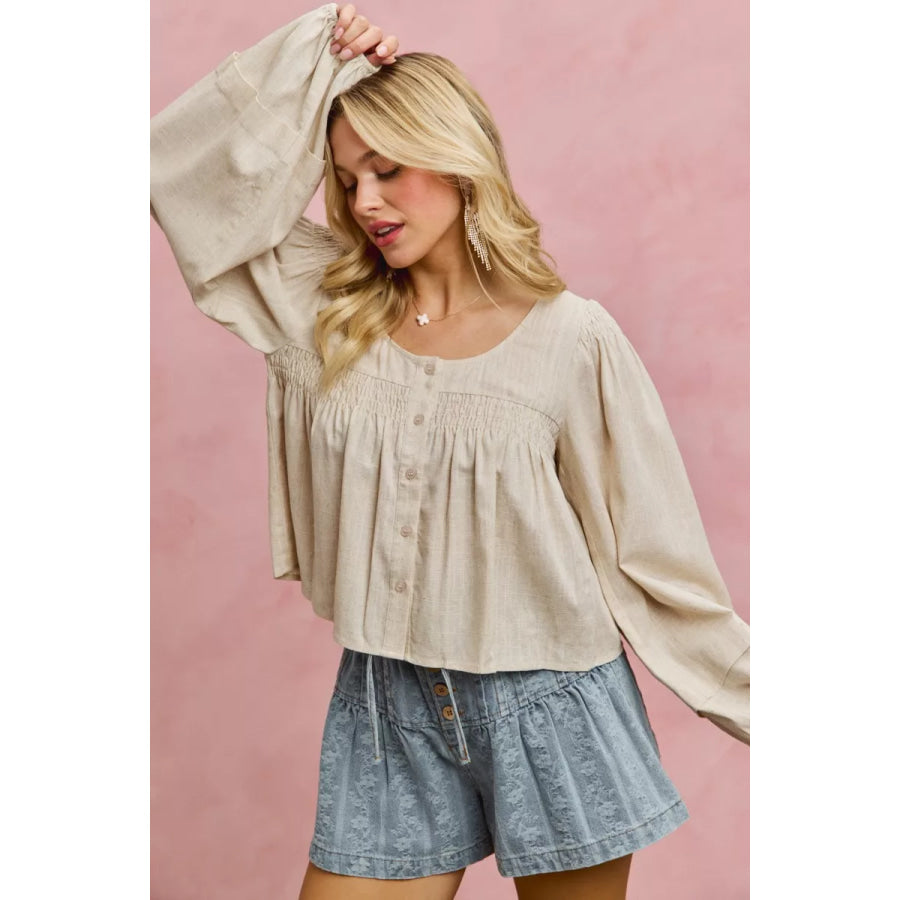 SO ME Linen Blend Woven Long Sleeve With Smocking Top Apparel and Accessories