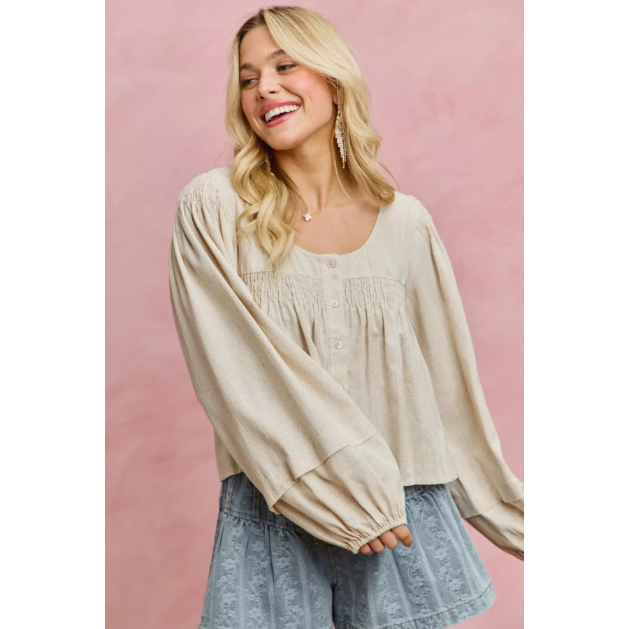 SO ME Linen Blend Woven Long Sleeve With Smocking Top Apparel and Accessories