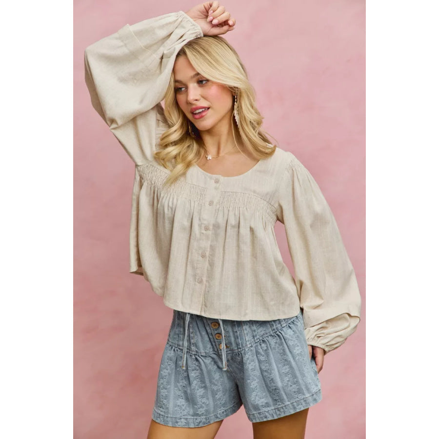 SO ME Linen Blend Woven Long Sleeve With Smocking Top Apparel and Accessories