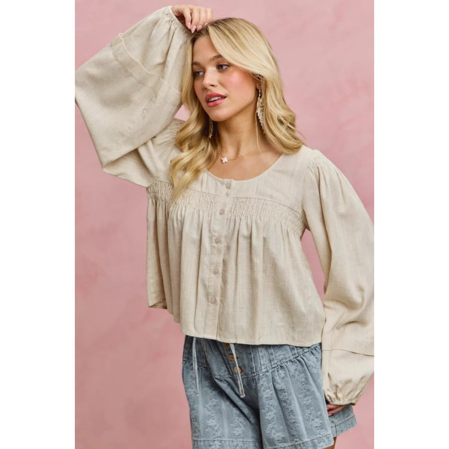 SO ME Linen Blend Woven Long Sleeve With Smocking Top Apparel and Accessories