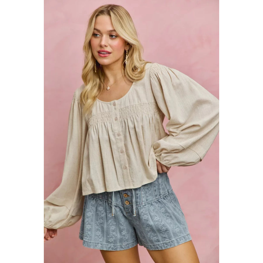 SO ME Linen Blend Woven Long Sleeve With Smocking Top Apparel and Accessories