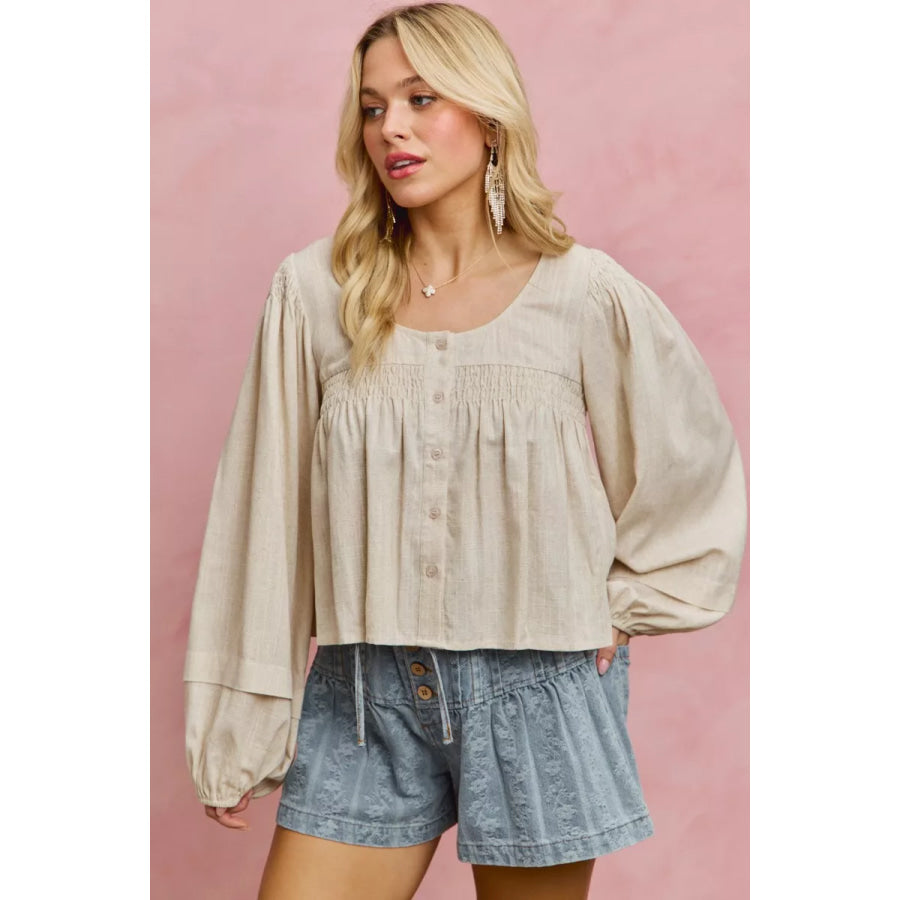 SO ME Linen Blend Woven Long Sleeve With Smocking Top Apparel and Accessories