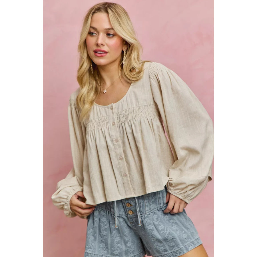SO ME Linen Blend Woven Long Sleeve With Smocking Top CREAM / S Apparel and Accessories