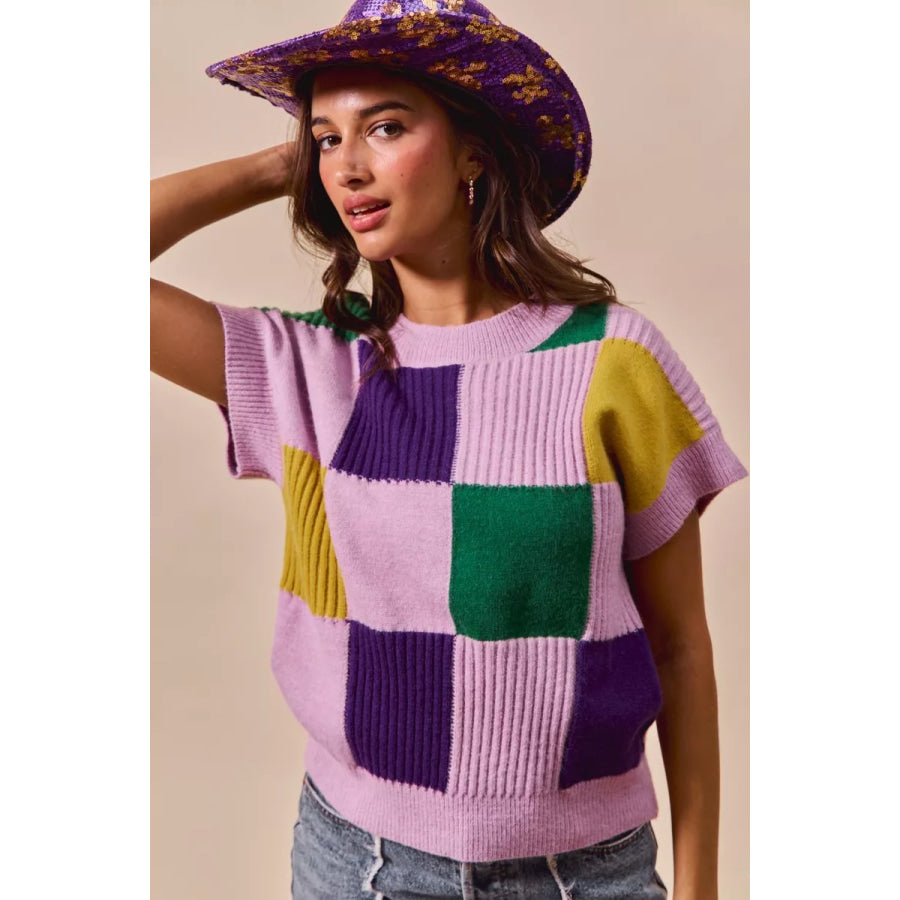 SO ME Mardi Gras Check Plaid Casual Sweater Top Apparel and Accessories