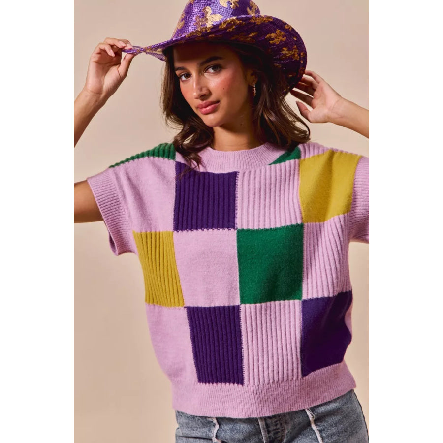 SO ME Mardi Gras Check Plaid Casual Sweater Top Apparel and Accessories