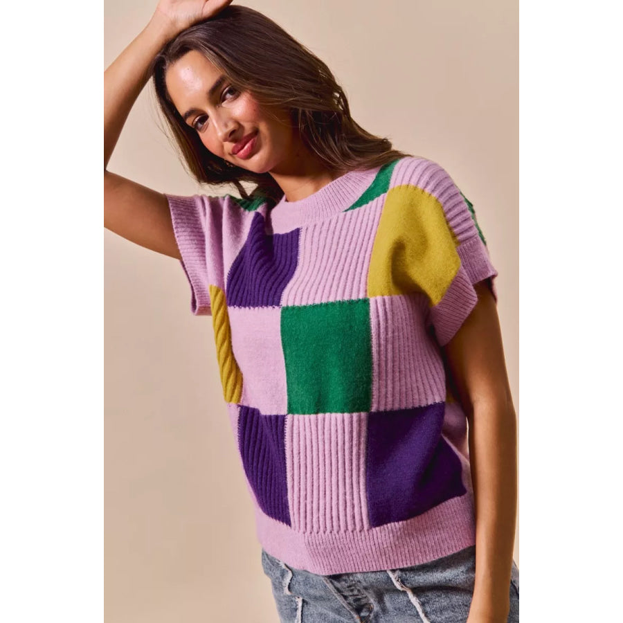 SO ME Mardi Gras Check Plaid Casual Sweater Top Apparel and Accessories