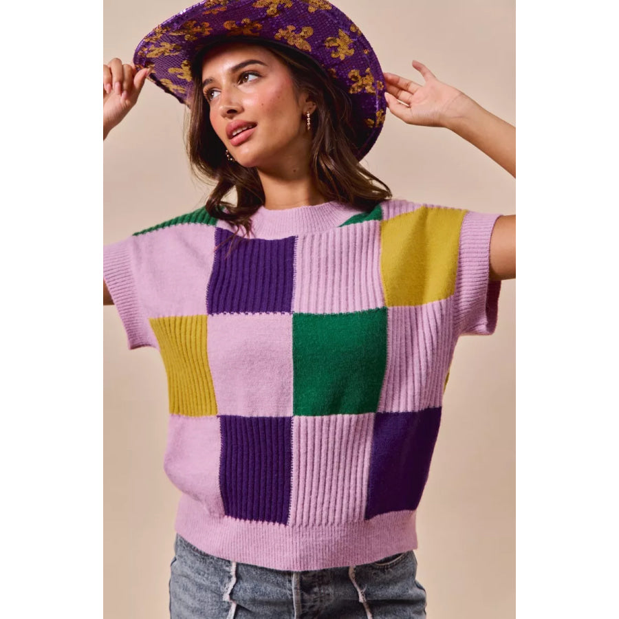 SO ME Mardi Gras Check Plaid Casual Sweater Top Apparel and Accessories