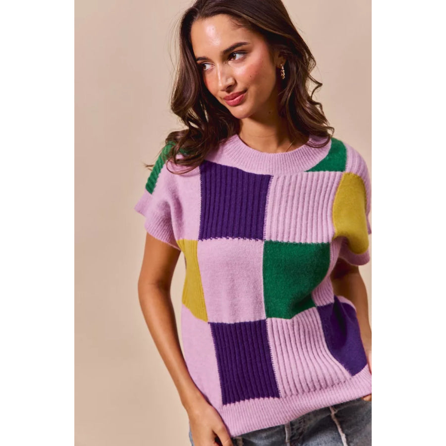 SO ME Mardi Gras Check Plaid Casual Sweater Top Apparel and Accessories
