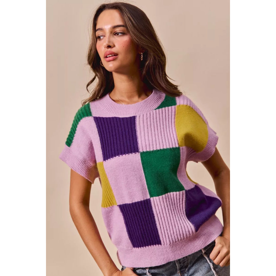 SO ME Mardi Gras Check Plaid Casual Sweater Top Apparel and Accessories