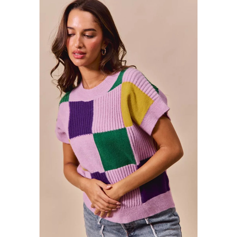 SO ME Mardi Gras Check Plaid Casual Sweater Top Apparel and Accessories