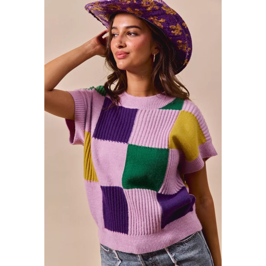 SO ME Mardi Gras Check Plaid Casual Sweater Top Apparel and Accessories