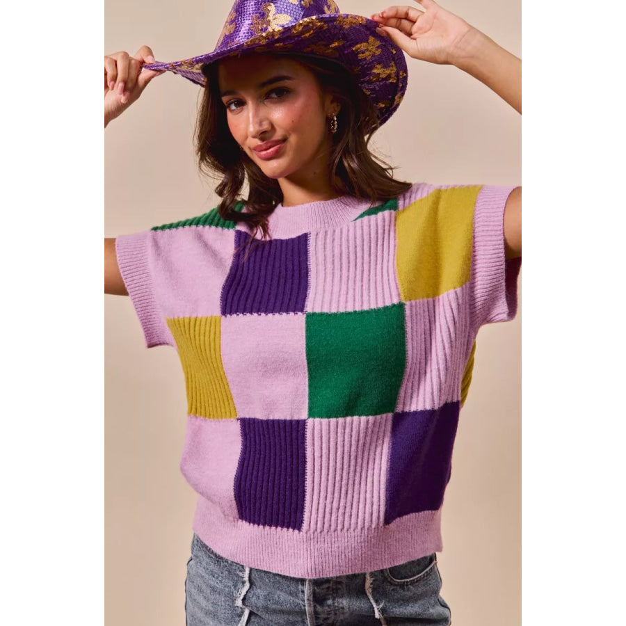 SO ME Mardi Gras Check Plaid Casual Sweater Top Apparel and Accessories