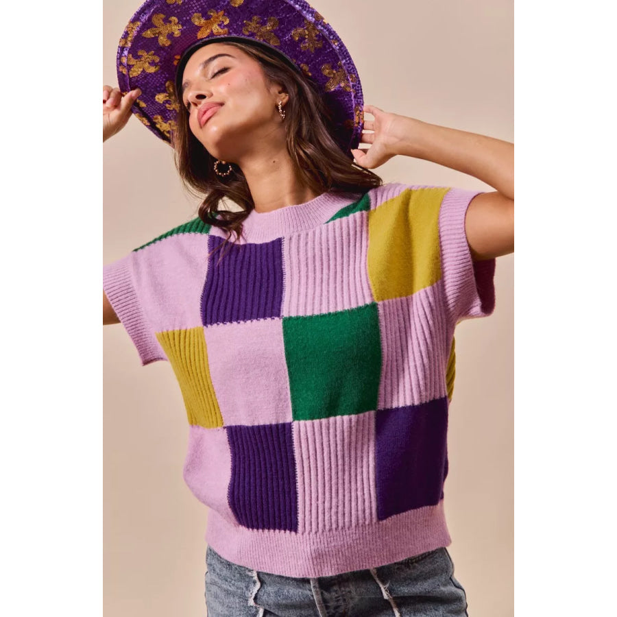 SO ME Mardi Gras Check Plaid Casual Sweater Top Apparel and Accessories