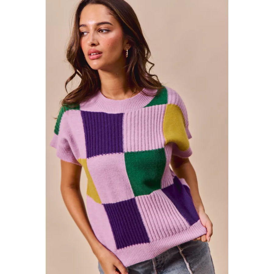 SO ME Mardi Gras Check Plaid Casual Sweater Top Apparel and Accessories