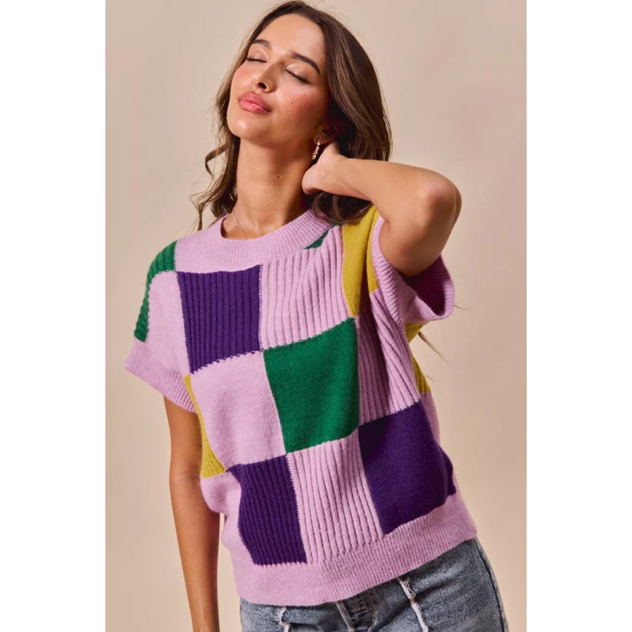 SO ME Mardi Gras Check Plaid Casual Sweater Top Apparel and Accessories
