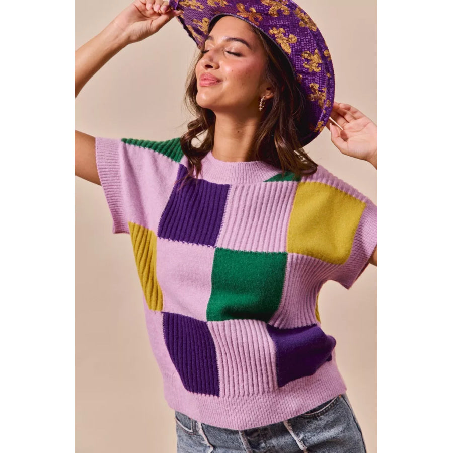 SO ME Mardi Gras Check Plaid Casual Sweater Top Apparel and Accessories