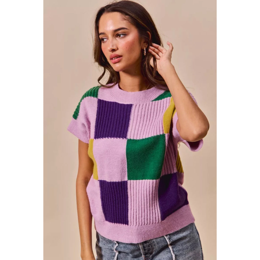 SO ME Mardi Gras Check Plaid Casual Sweater Top Apparel and Accessories