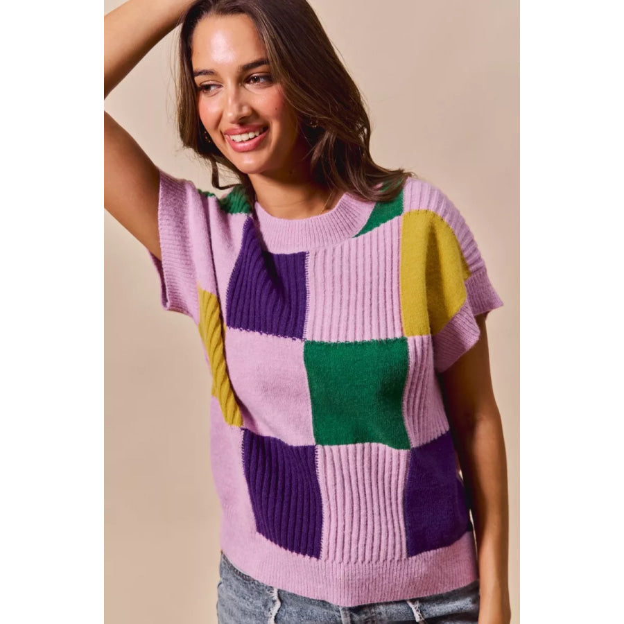 SO ME Mardi Gras Check Plaid Casual Sweater Top Apparel and Accessories