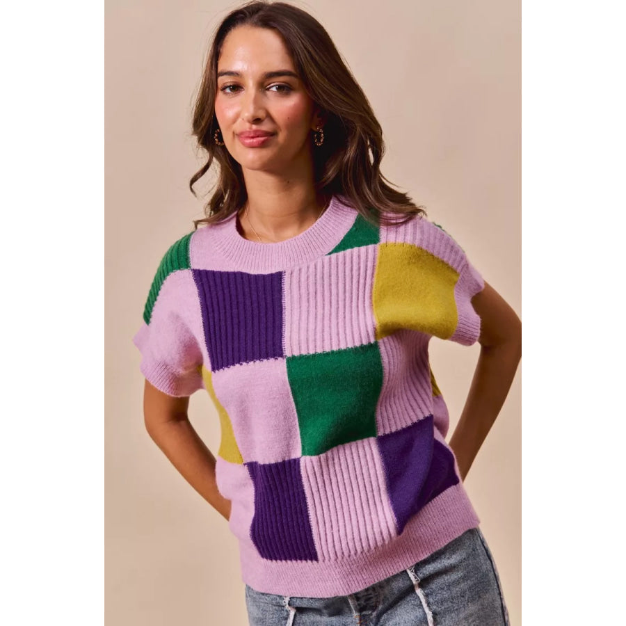 SO ME Mardi Gras Check Plaid Casual Sweater Top LAVENDER / S Apparel and Accessories