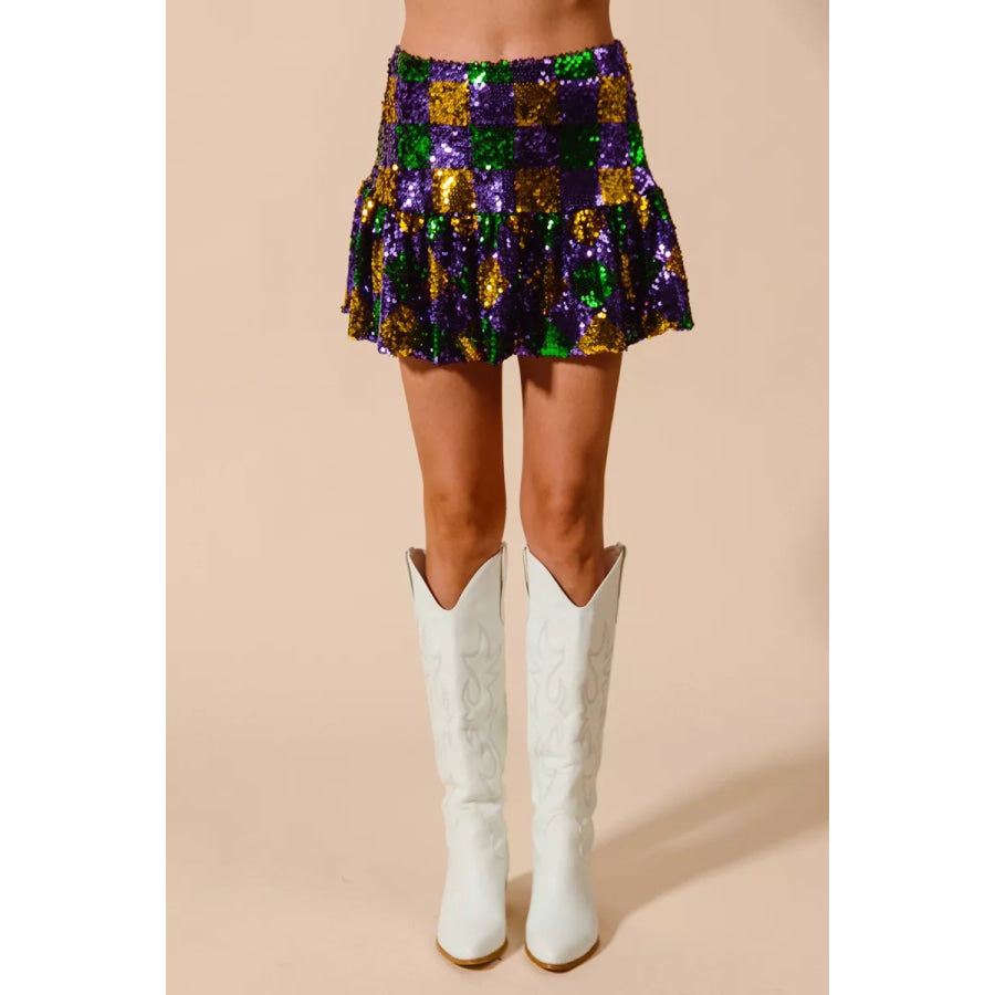 SO ME Mardi Gras Checker Sequins Mini Skirt Apparel and Accessories