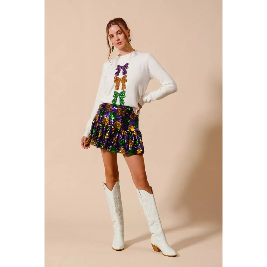 SO ME Mardi Gras Checker Sequins Mini Skirt Apparel and Accessories
