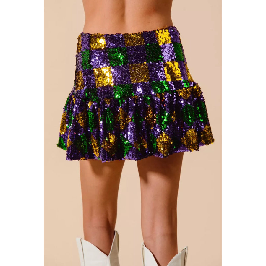 SO ME Mardi Gras Checker Sequins Mini Skirt Apparel and Accessories