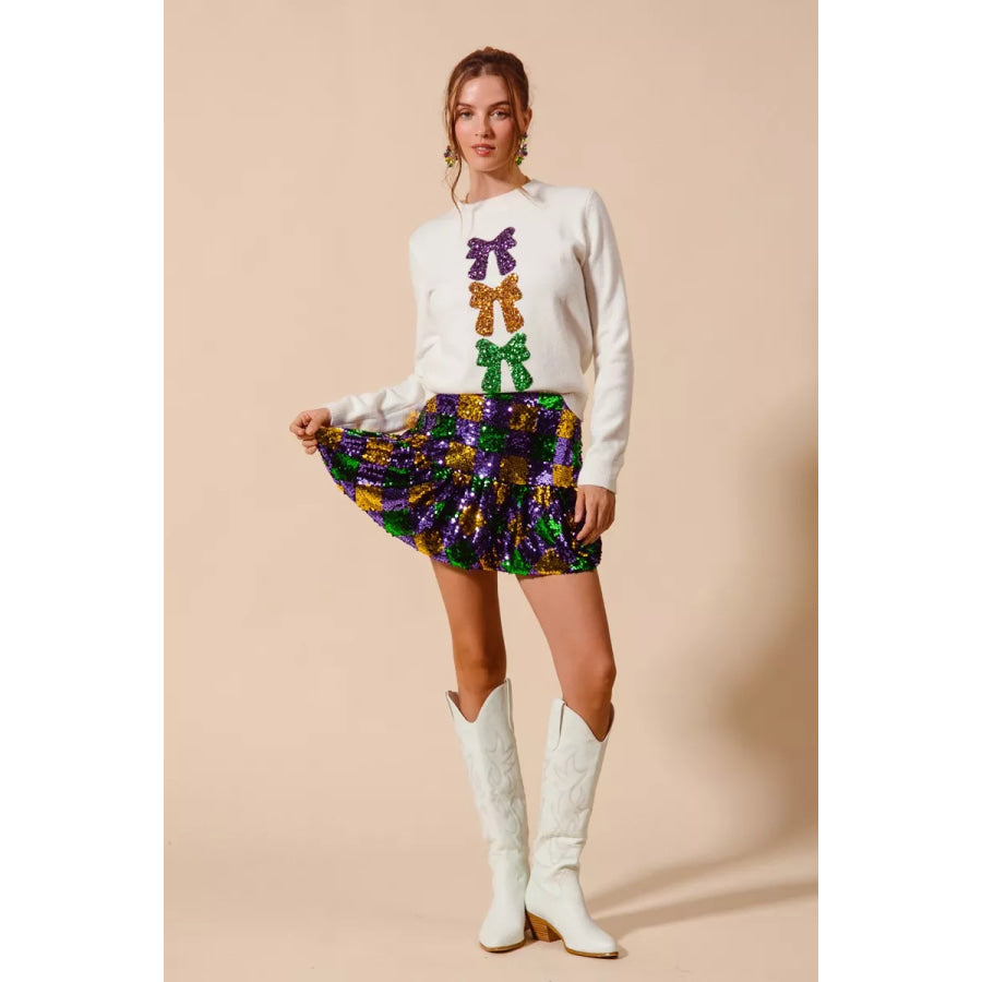 SO ME Mardi Gras Checker Sequins Mini Skirt Apparel and Accessories