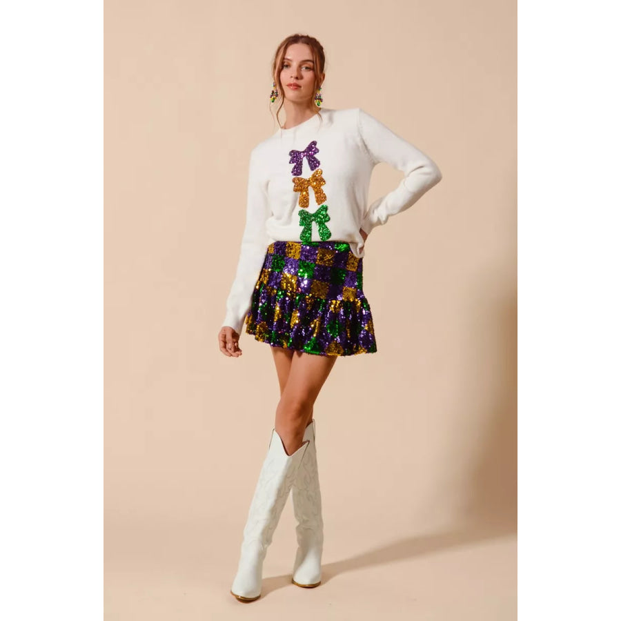 SO ME Mardi Gras Checker Sequins Mini Skirt Apparel and Accessories