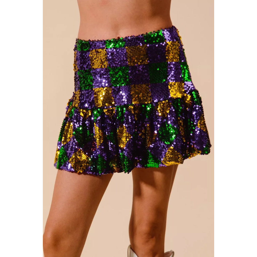 SO ME Mardi Gras Checker Sequins Mini Skirt Apparel and Accessories