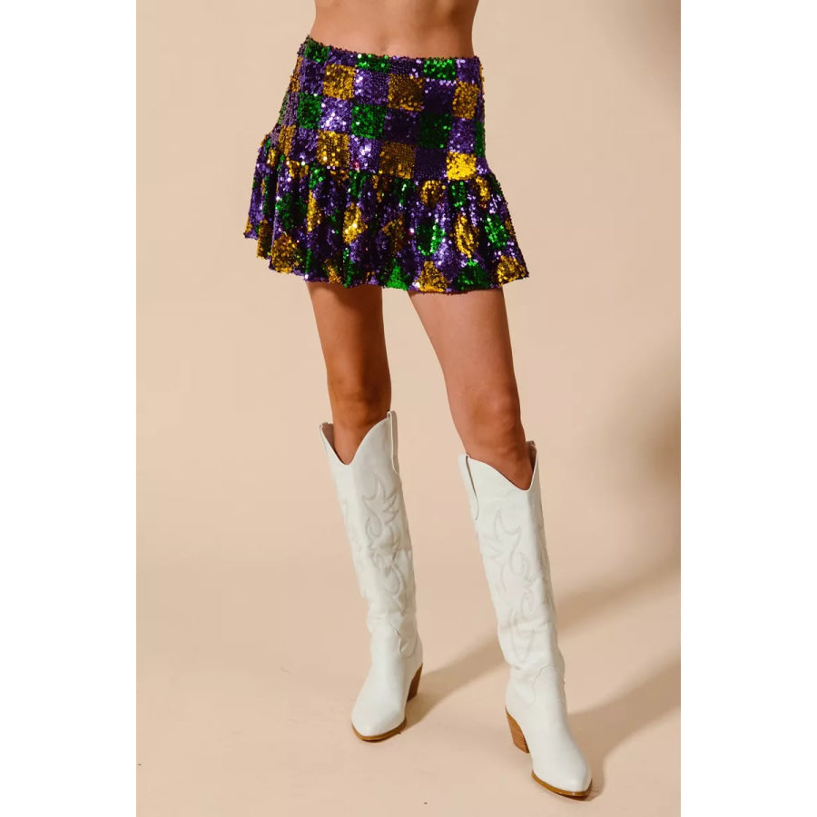 SO ME Mardi Gras Checker Sequins Mini Skirt PURPLE/GOLD/GREEN / S Apparel and Accessories