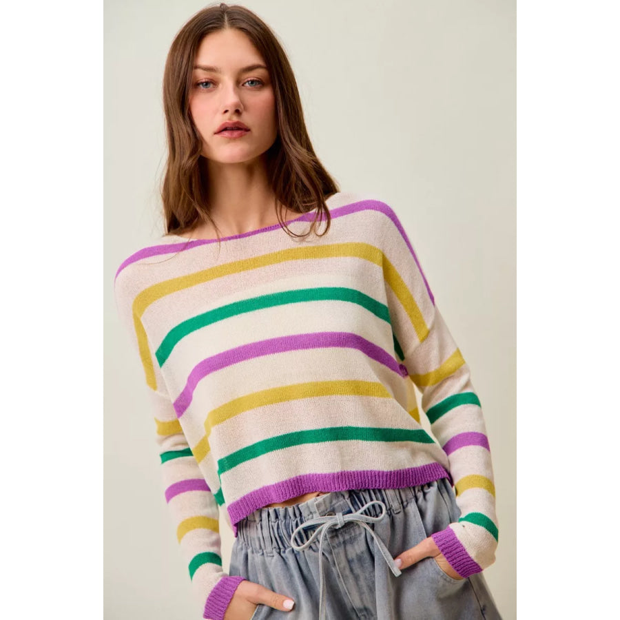 SO ME Mardi Gras Color Stripe Lightweight Sweater Top Apparel and Accessories