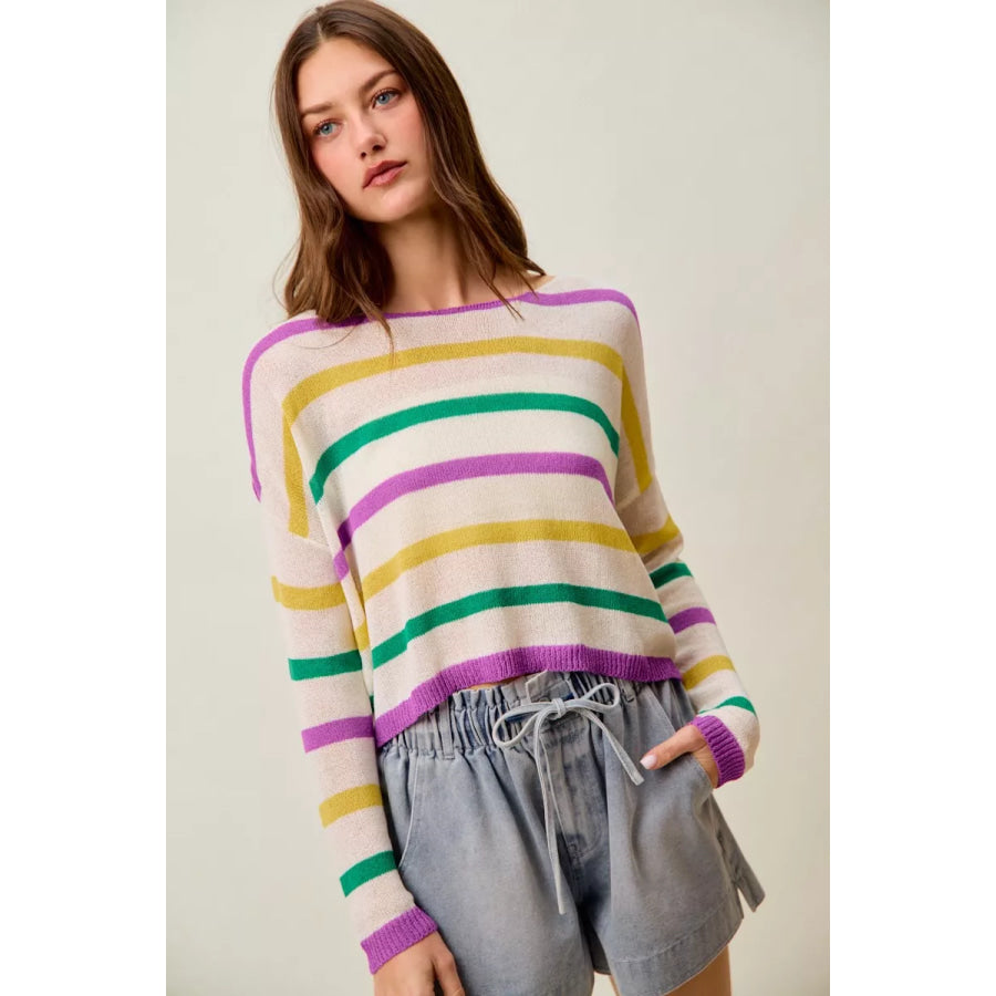 SO ME Mardi Gras Color Stripe Lightweight Sweater Top Apparel and Accessories