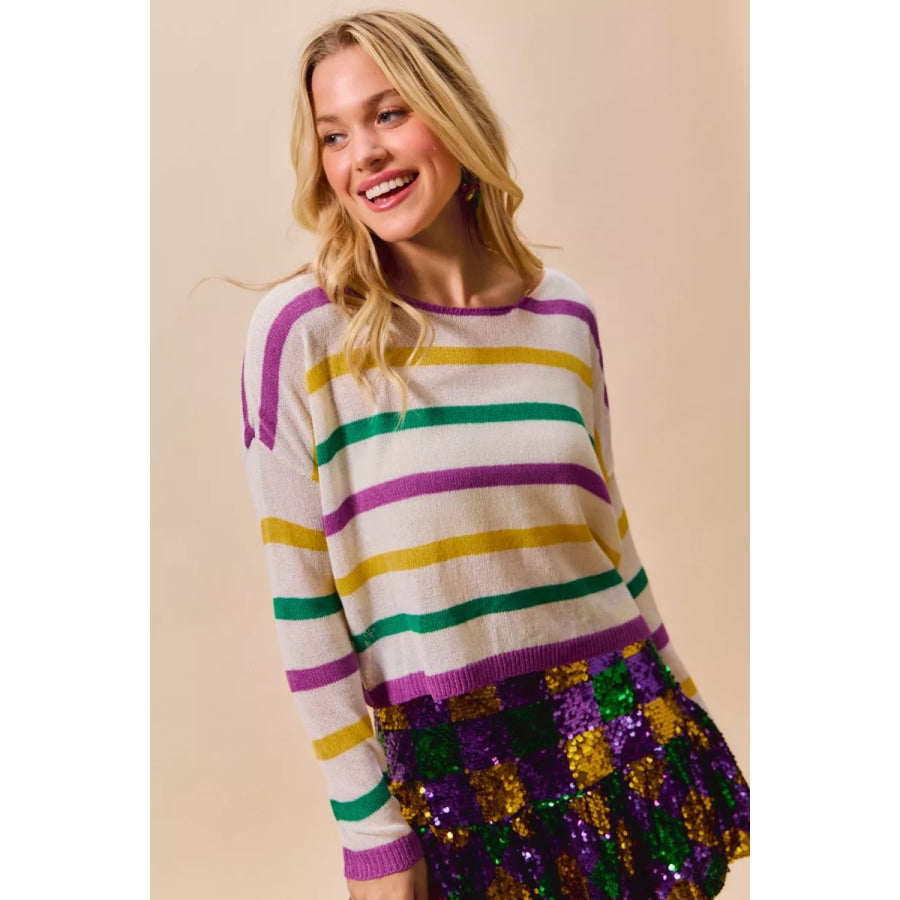 SO ME Mardi Gras Color Stripe Lightweight Sweater Top Apparel and Accessories