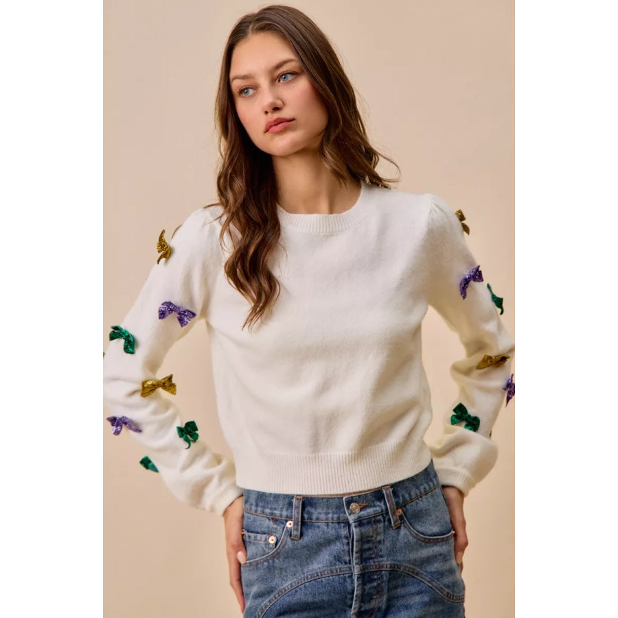 SO ME Mardi Gras Glitter Bow Ribbon Sweater Knit Top Apparel and Accessories