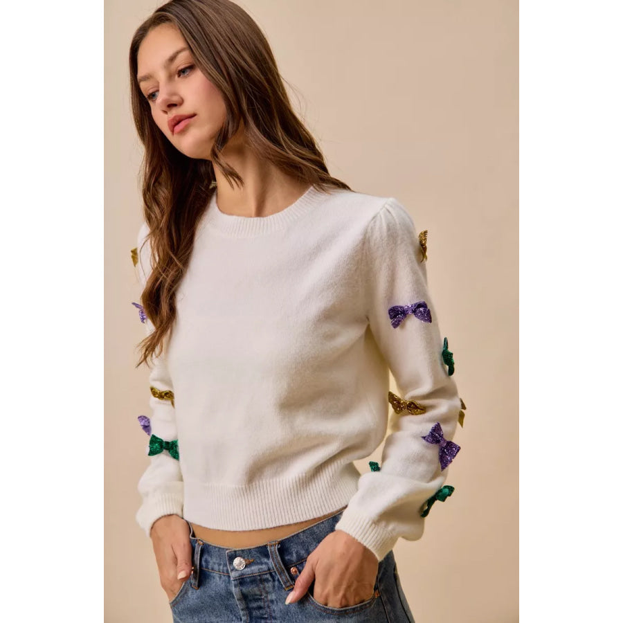SO ME Mardi Gras Glitter Bow Ribbon Sweater Knit Top Apparel and Accessories