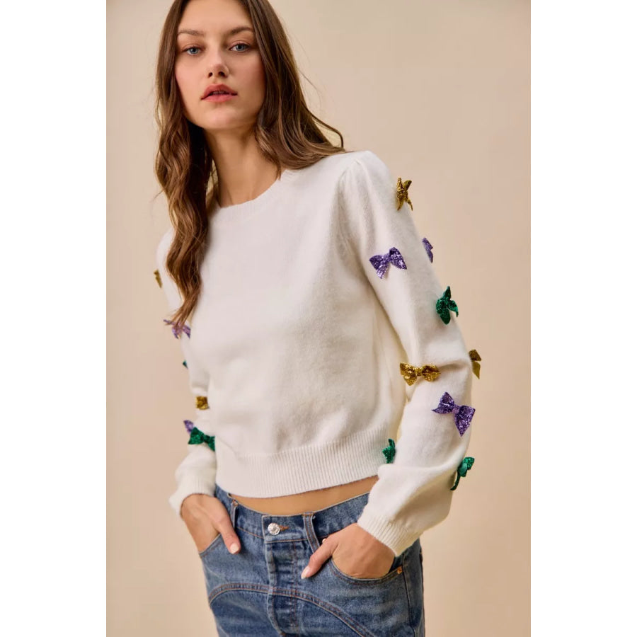 SO ME Mardi Gras Glitter Bow Ribbon Sweater Knit Top Apparel and Accessories