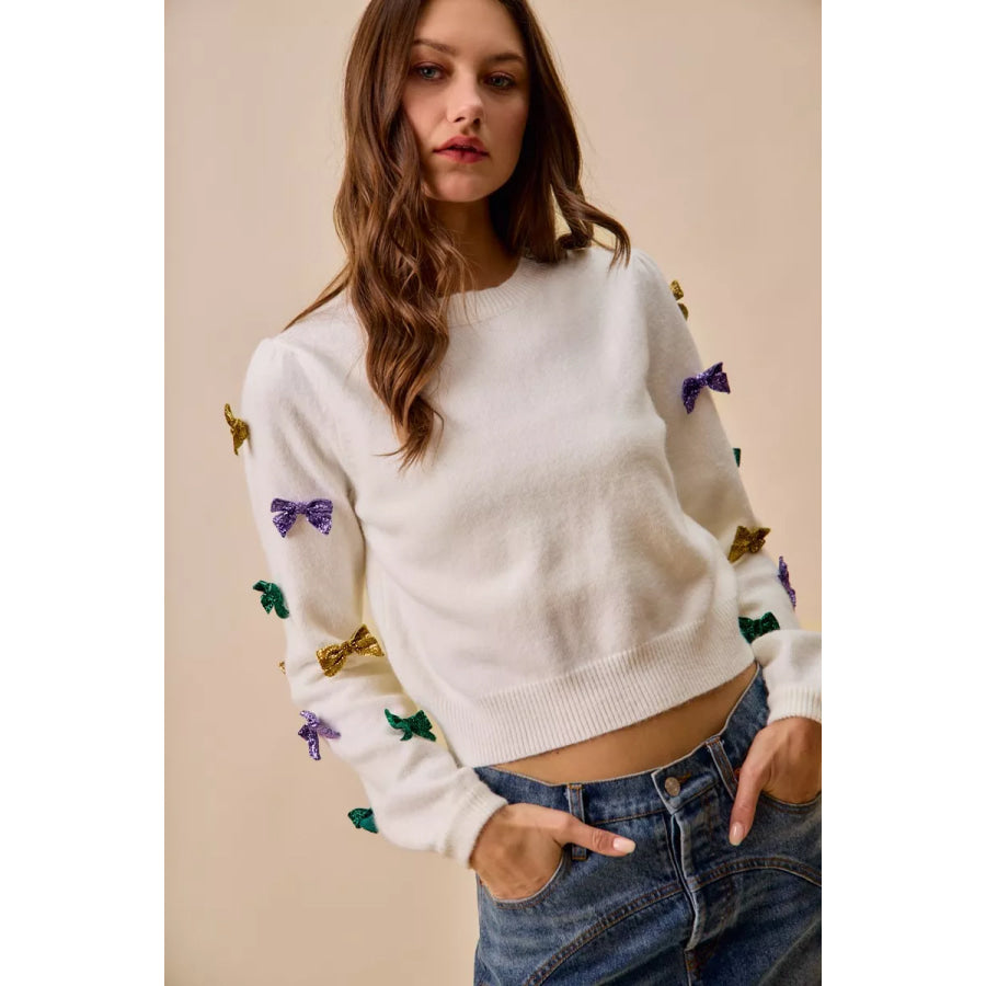 SO ME Mardi Gras Glitter Bow Ribbon Sweater Knit Top Apparel and Accessories