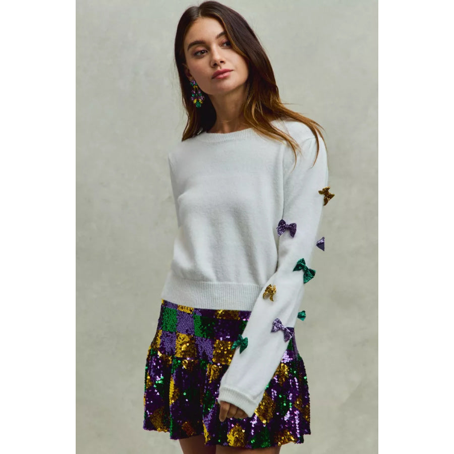 SO ME Mardi Gras Glitter Bow Ribbon Sweater Knit Top Apparel and Accessories
